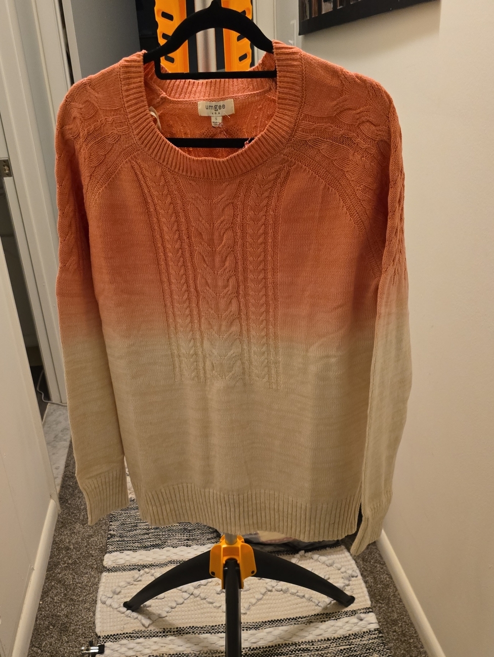 Umgee Coral-to-Cream Ombre Cable Knit Crewneck Sweater